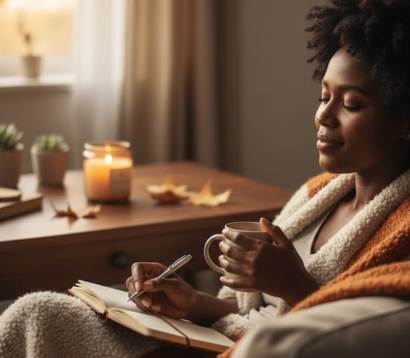 InnerLoom Life Coaching: A woman reflecting by candlelight in a cozy room. Mental wellness concept