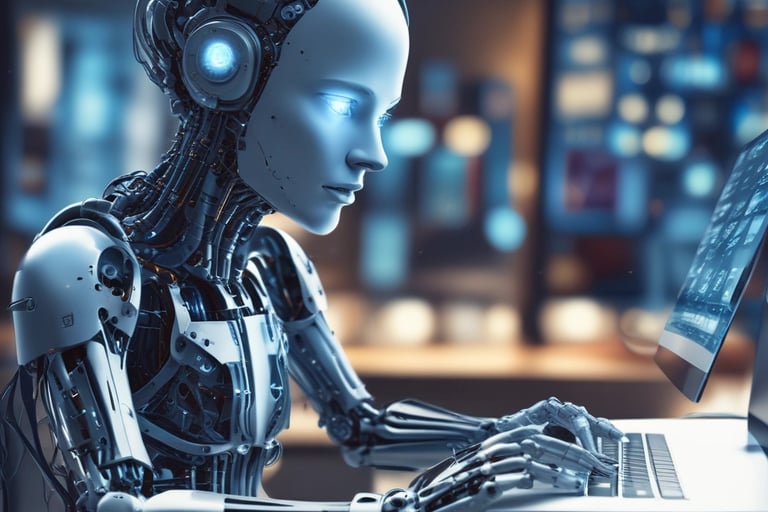 a robot is sitting at a desk with a laptop