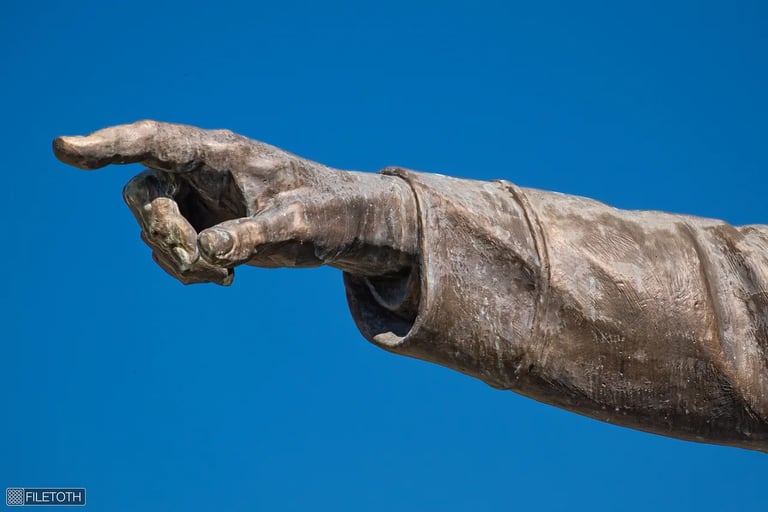 Close-up of Lajos Kossuth's hand pointing forward on the 1952 monument by Zsigmond Kisfaludi Strobl.