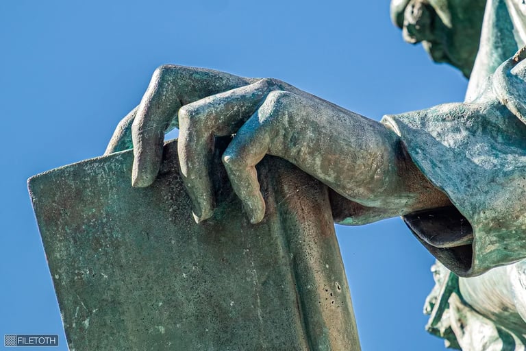Close-up of János Arany’s hand resting on a book, symbolizing literary legacy.