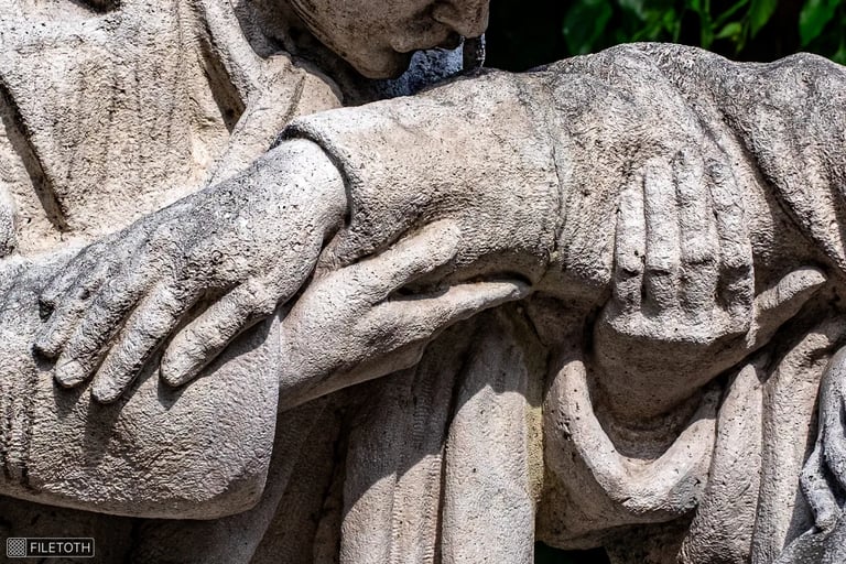 Close‑up of a caregiver clasping a patient’s forearm with both hands.