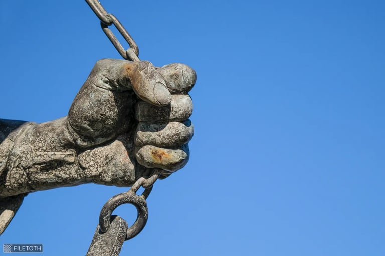 Close-up of Imre Soós’s bronze hand, thrust forward as if breaking free from a grip.