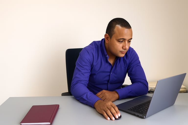 a man sitting at a desk with a laptop computer