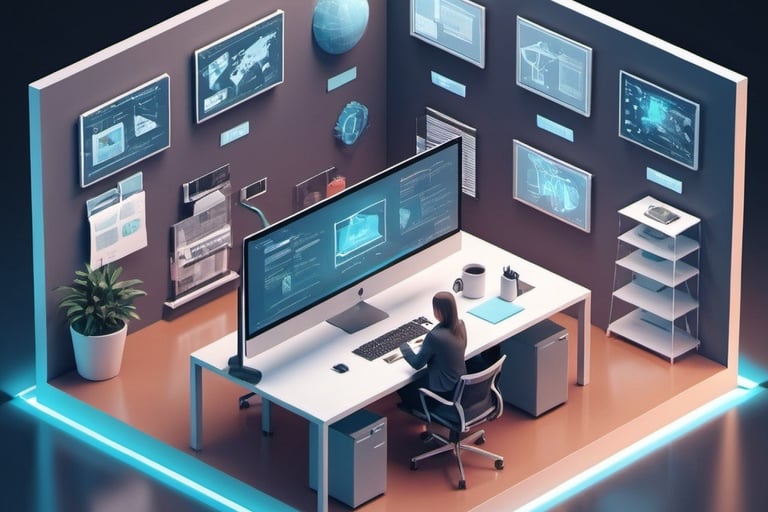 A office with someone working on their computer managing cyber security.