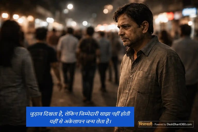 भीड़ में खड़ा एक अकेला भारतीय नागरिक, आसपास धुंधले लोग, चेहरे पर गहरी सोच और सामाजिक अलगाव का भाव।