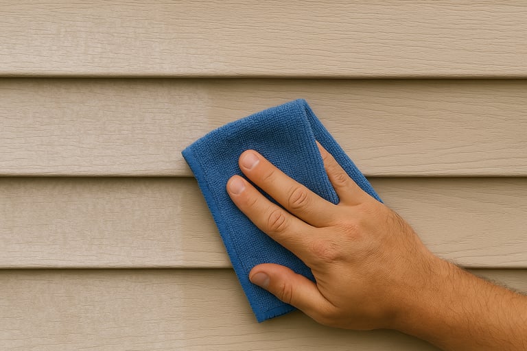 Hand wiping oxidation off vinyl siding with cloth, showing chalky vs restored contrast