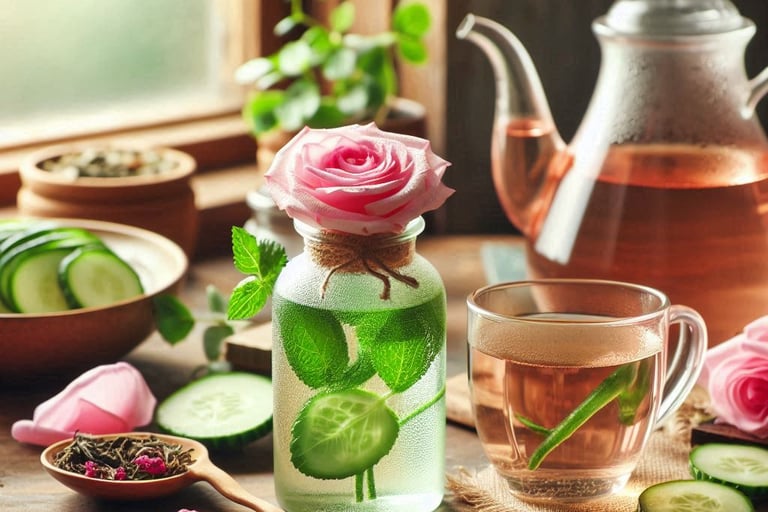 glass jar with a rose, and pink colored tea in glass teapot