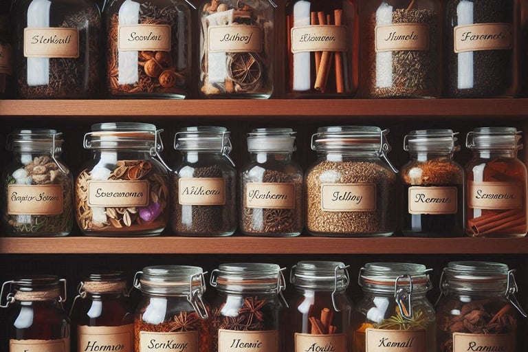 various glass jars on wooden shelves, filled with various botanicals