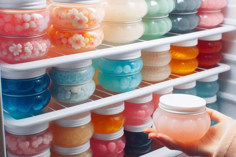 a person holding a jar of jelly in front of a fridge, with various jellies in fridge