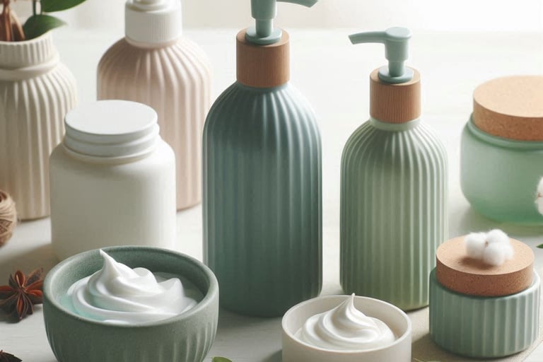 eco-friendly lotion, pump bottles, bowls and jars