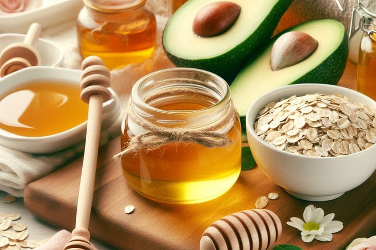 honey and oats in jar and bowls, an avocado cut in half