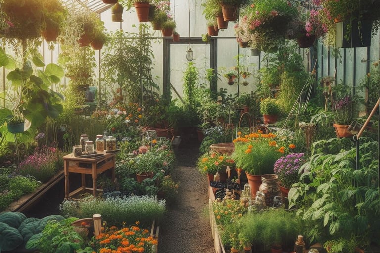variety of plants including vegetables, flowers and herbs inside a greenhous