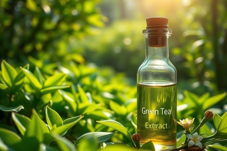 a bottle of green tea tree extract with green leaves surrounding it