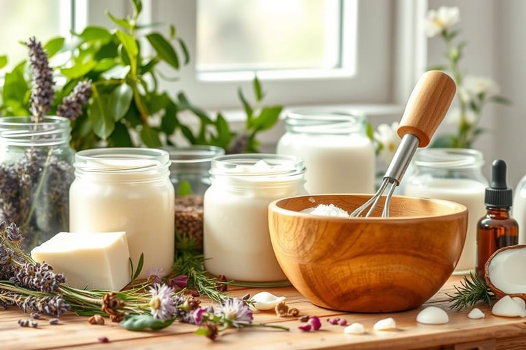 A serene, beautifully arranged workspace featuring various herbal body butter ingredients; glass jar