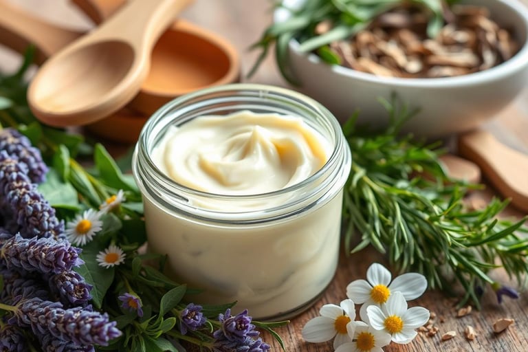 A jar of creamy herbal infused body butter surrounded by fresh herbs like lavender, chamomile, and r