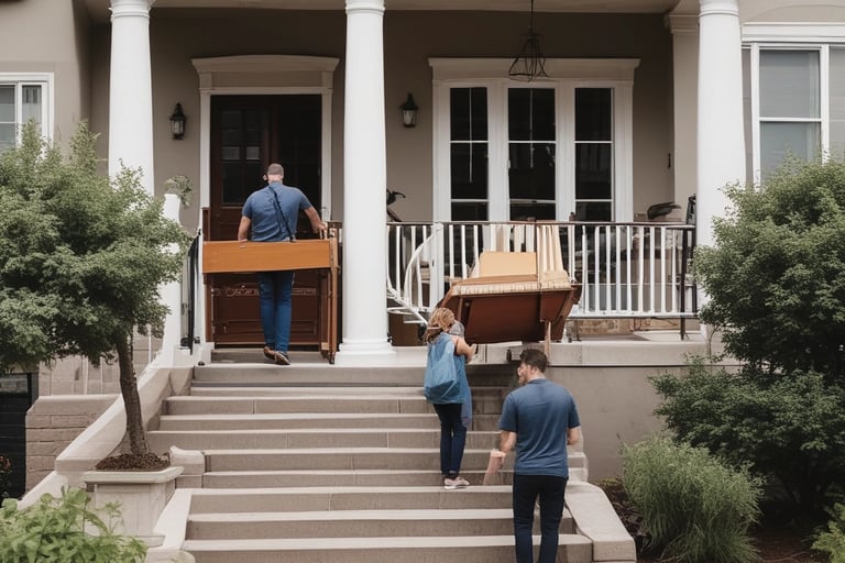 a man and woman moving a couch in front of a house