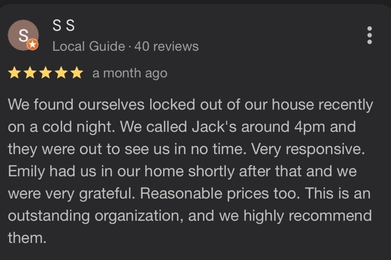 5 star Google review for Jack's Locksmith in Burnsville NC