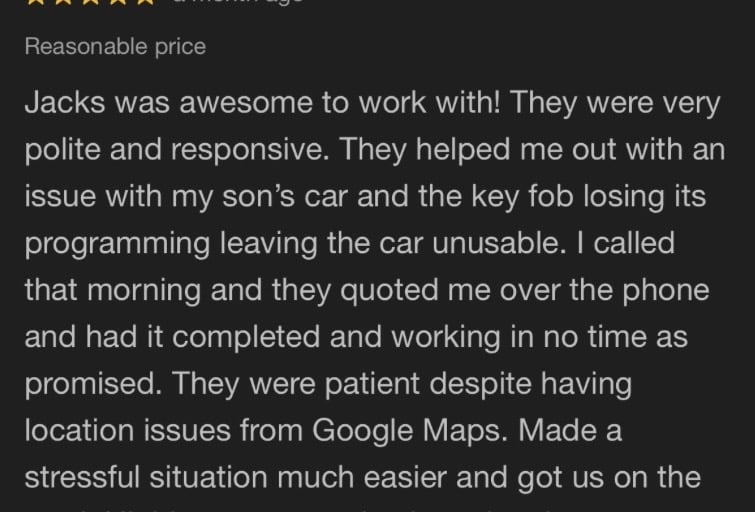 star Google review — Jack's Locksmith Burnsville NC, key fob reprogrammed, quoted by phone, same day