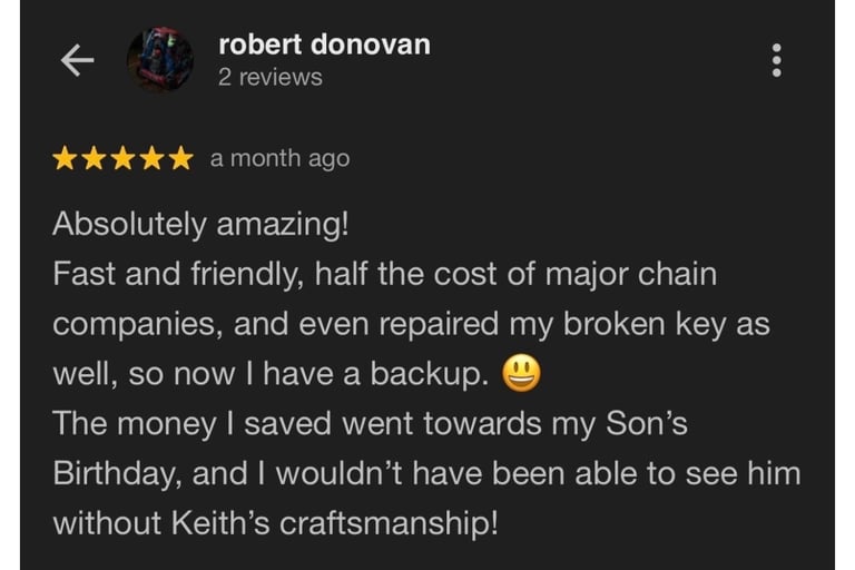 5 star Google review — Jack's Locksmith Burnsville NC, half the cost of chains, repaired broken key.