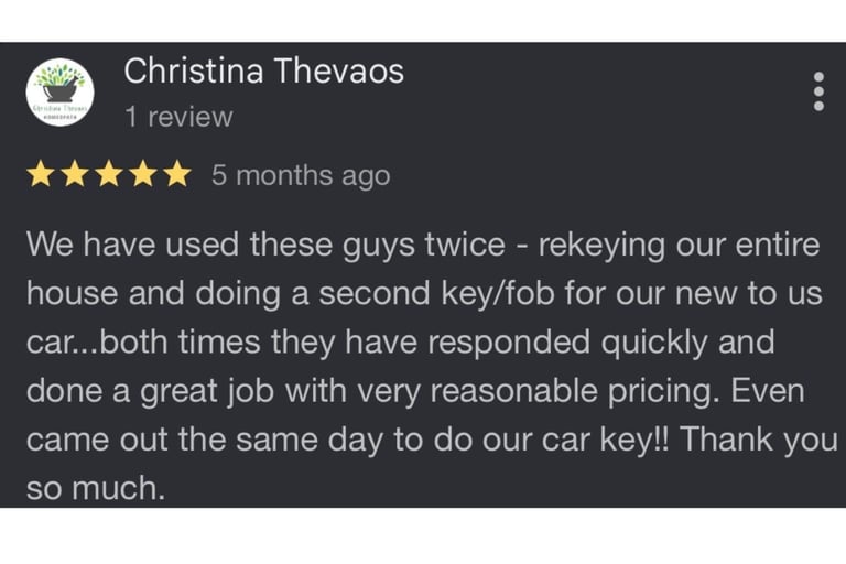 Five-star Google review of Jack's Locksmith for same-day car key fob and house rekey service