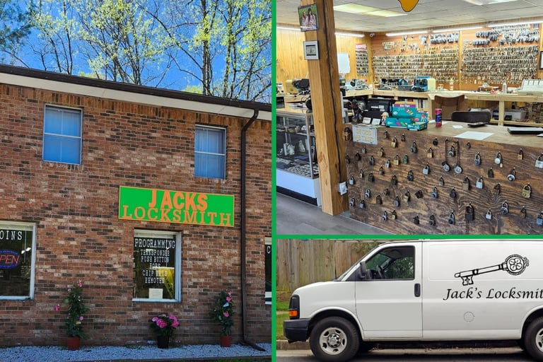 Jack's Locksmith storefront, shop interior, and commercial service van in Burnsville NC