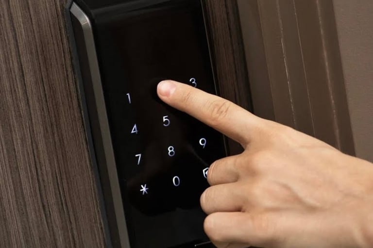 A hand touching a digital lock representing Jack’s Locksmith high security lock services in Marshall, NC