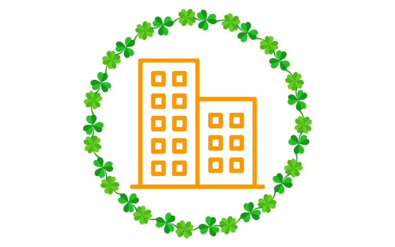 Jack's Locksmith orange building icon surrounded by ring of green clovers, representing trusted commercial locksmith services