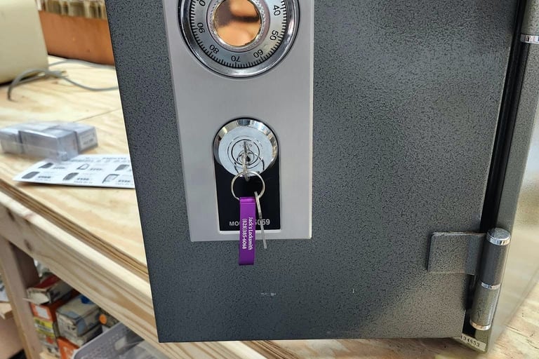 Grey commercial safe with combination dial and key lock on the front