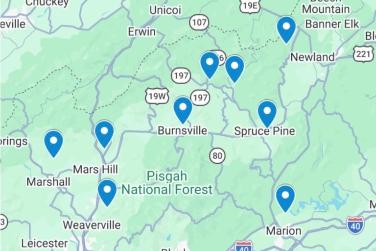 Map of Jack's Locksmith service area with pins on Burnsville, Spruce Pine, Mars Hill, Newland, Marion and Weaverville