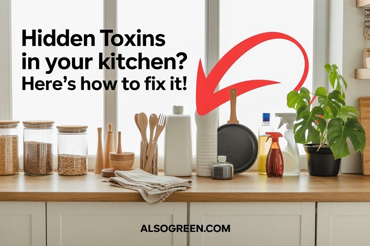Eco-friendly kitchen with arrows pointing to hidden toxins like plastic and non-stick cookware, prom