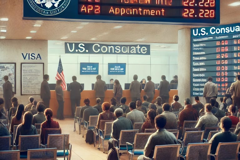 Área de espera movimentada no consulado dos EUA com solicitantes aguardando suas entrevistas de visto, incluindo cadeiras, pô