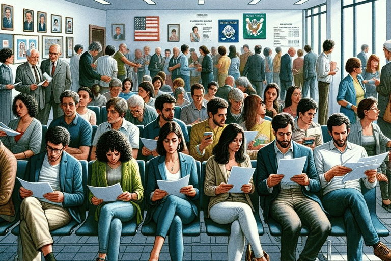 brasileiros na sala de atesa esperando uma entrevista ao ambaixa americana