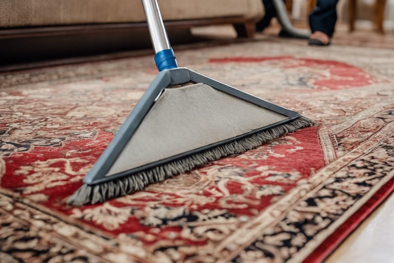 a person cleaning a rug with a vacuum