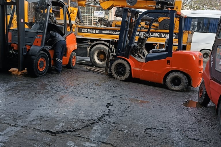 a forklift truck with a forklift truck in the background