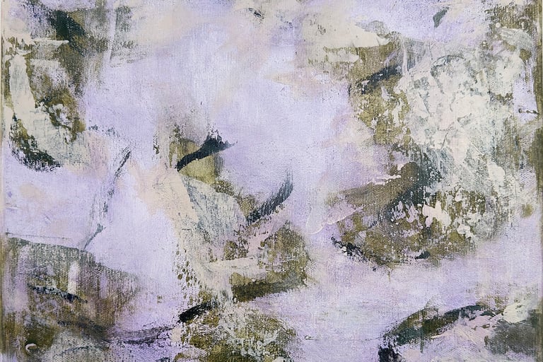 Green and violet painting with abstract shapes.