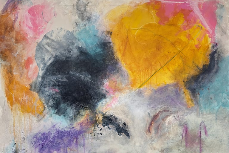 yellow and black swirls of color mixed with pink and violet