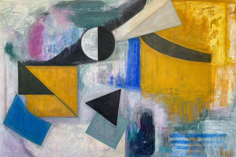 painting of geometric shapes in tan, black, white and blue.