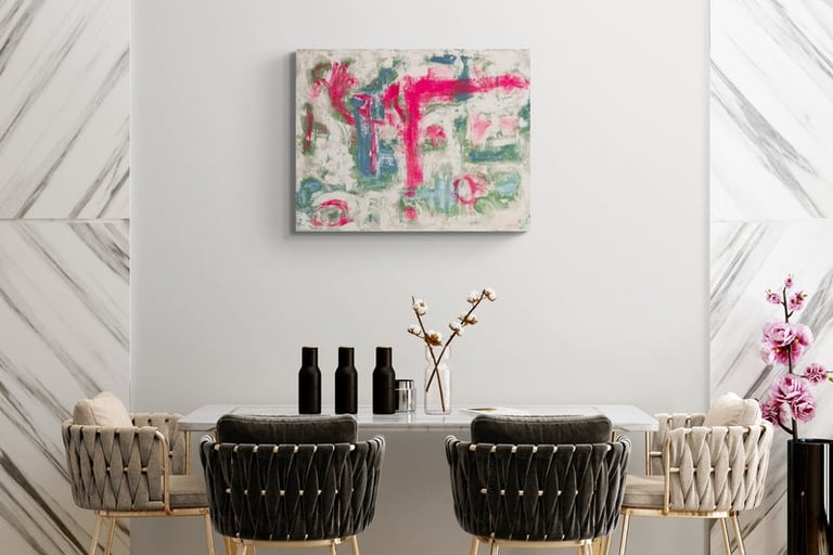 Neon pink and green on cream background painting on wall in dining are