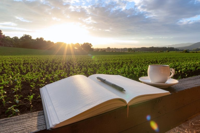 An open journal and a cup of coffee rest on a wooden fence overlooking a farm at sunrise.