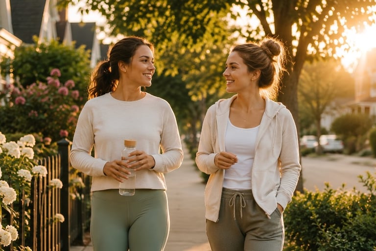 Woman enjoying a relaxing evening walk to support healthy daily movement.