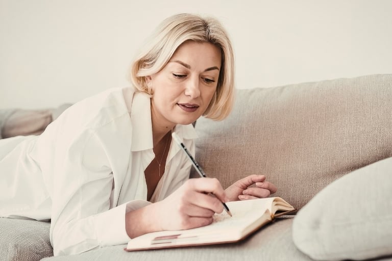 A blonde woman in a white shirt lying on a couch while writing in a journal or notebook.