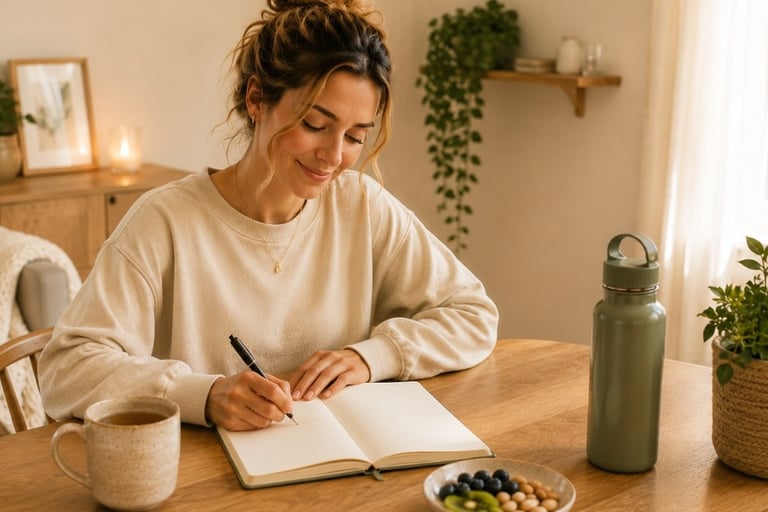 Woman tracking healthy daily habits in a wellness journal with tea and a healthy snack.