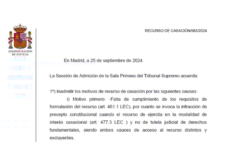 providencia inadmisión casación civil artículo 24 CE