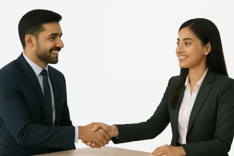 Professionals shaking hands at Naukri Bazar Consultancy.