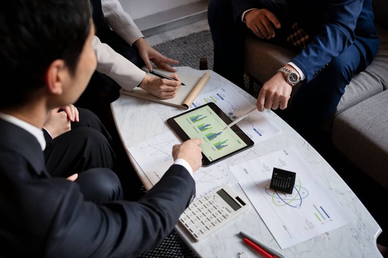 three persons discussing data on table