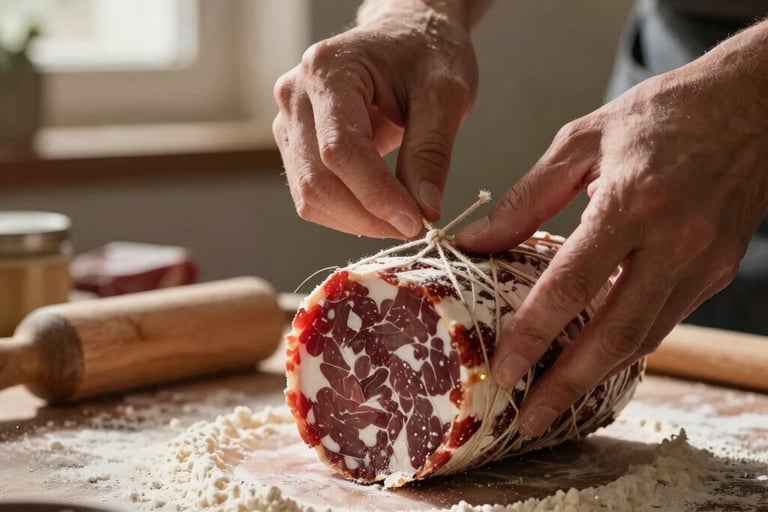 Hands of an artisan charcutier carefully tying a rustic terrine with kitchen twine, warm dramatic side light, flour and rustic kitchen details in the background, shallow depth of field