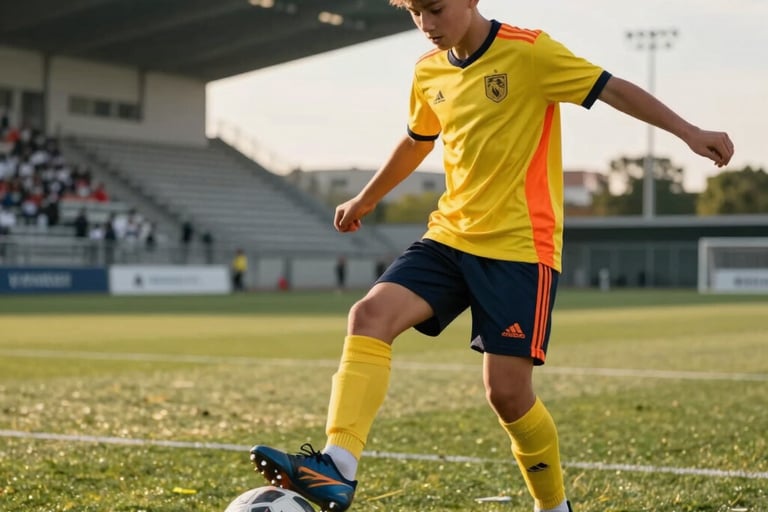 Dynamic action shot of a European teenager practicing a complex ball control drill on a professional soccer pitch, golden hour lighting, wearing a kit with yellow and orange accents, the background showing a modern stadium structure.