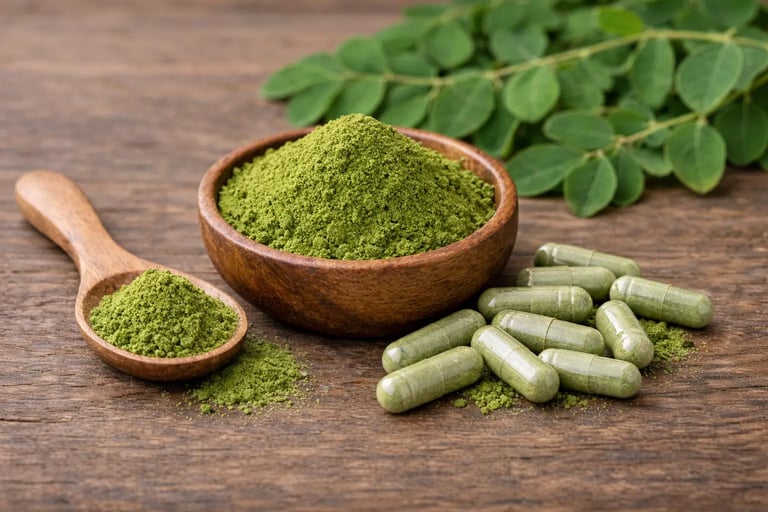 Pó de moringa orgânico em uma tigela e colher de madeira ao lado de cápsulas de suplemento alimentar