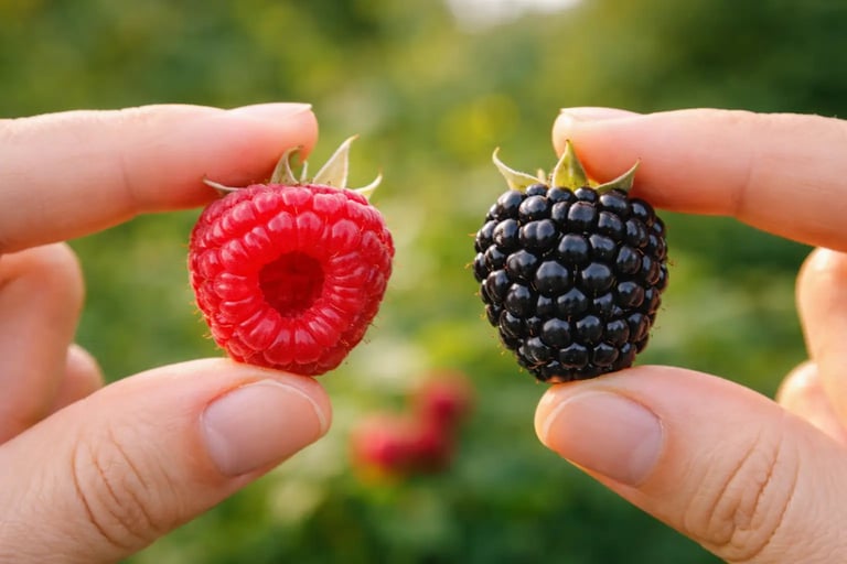 “Mãos segurando uma framboesa vermelha oca e uma amora preta maciça, mostrando a diferença estrutura
