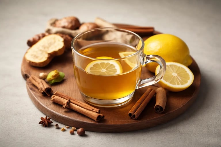 Chá de gengibre quente com ervas, fatias de limão e paus de canela sobre uma tábua de madeira para b